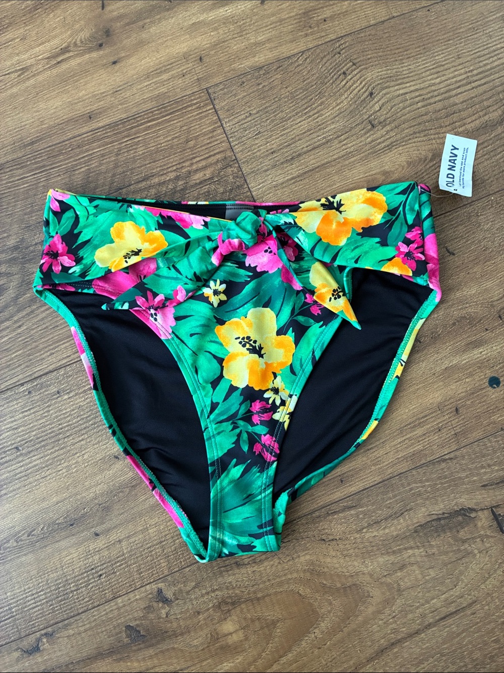 Old Navy Green Floral High-Waist Bikini Bottoms with Yellow and Pink Blooms